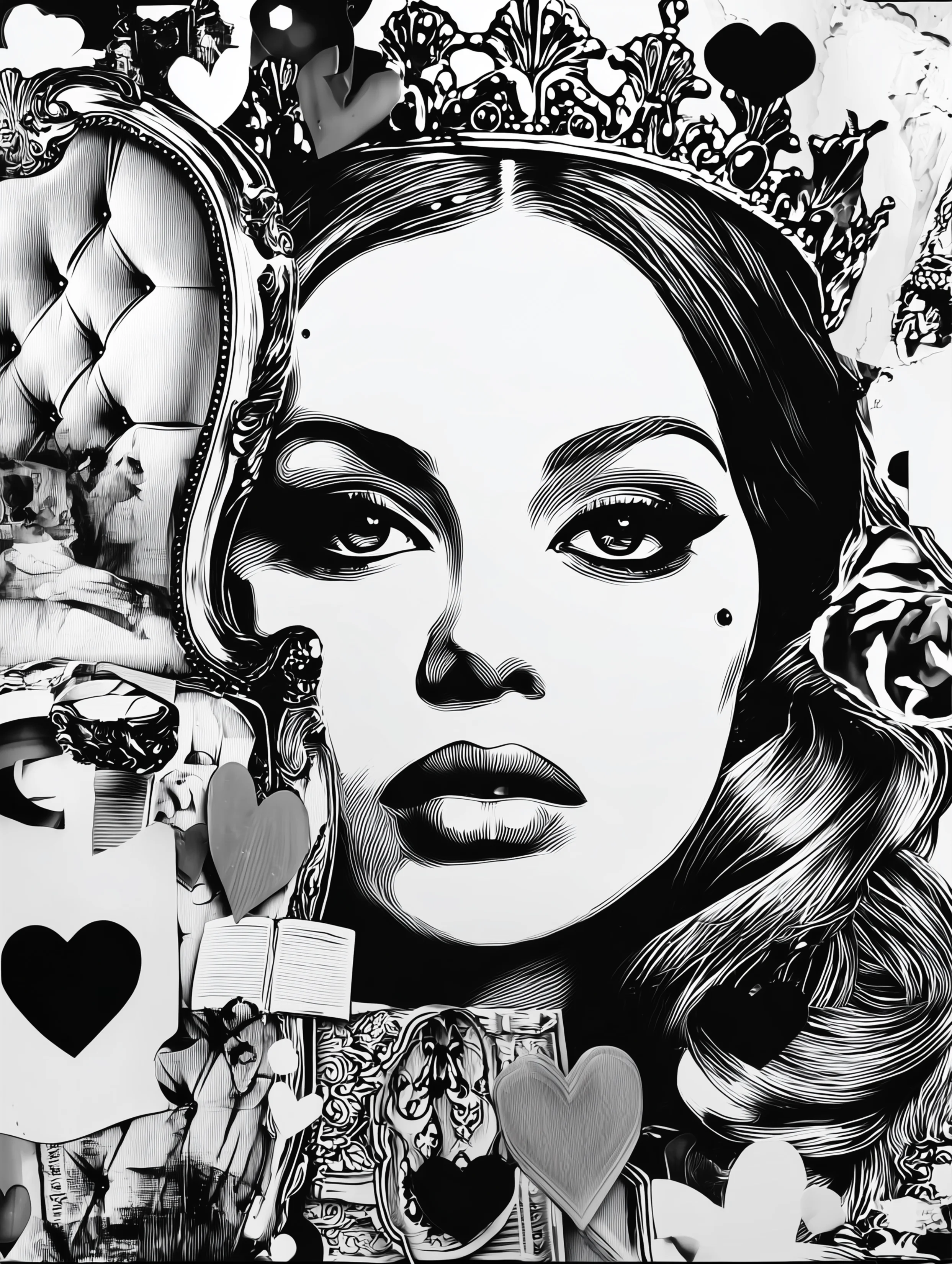 Free printable queen coloring page for adults featuring a queen standing behind a throne